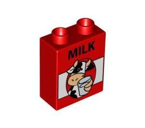 Duplo Red Brick 1 x 2 x 2 with Black and White Cow and Glass of Milk without Bottom Tube (4066 / 54830)