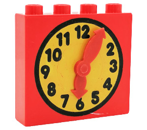 Duplo Rød Kloss 1 x 4 x 3 med Clock Ansikt med Movable Rød Hender og Gul Ansikt (73013)