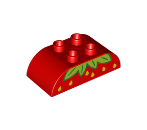 Duplo Red Brick 2 x 4 with Curved Sides with yellow seeds and green leaves (top of strawberry) (73345 / 98223)