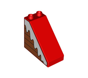 Duplo Rot Schrägstein 2 x 4 x 3 (45°) mit Wood Panelling und Snow (49570 / 57695)