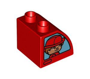 Duplo Rouge Pente 45° 2 x 2 x 1.5 avec Incurvé Côté avec Pompier dans Fenêtre (11170 / 43535)