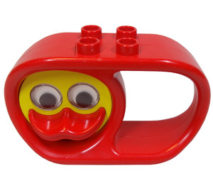 Duplo Punainen Teether Soikea 2 x 6 x 3 jossa Kahva ja Turning Keltainen Ankka Kasvot jossa Punainen Nokka ja Rattling Silmät