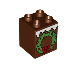 Duplo Reddish Brown Brick 2 x 2 x 2 with White Snow and Green Christmas Wreath (1362 / 31110)