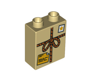 Duplo Tan Brick 1 x 2 x 2 with Tied Parcel with Stamp and Label without Bottom Tube (4066 / 38496)