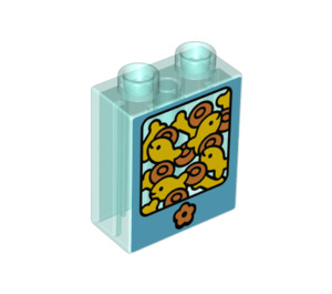 Duplo Transparent Light Blue Brick 1 x 2 x 2 with fish and biscuits with Bottom Tube (26381 / 36793)