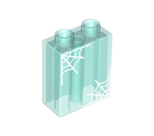 Duplo Transparent Light Blue Brick 1 x 2 x 2 with white spider webs with Bottom Tube (15847 / 36627)