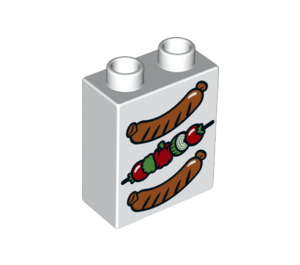 Duplo White Brick 1 x 2 x 2 with 2 Sausages and Vegetable Skewer with Bottom Tube (15847 / 20708)