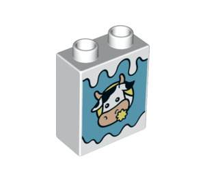 Duplo White Brick 1 x 2 x 2 with blue ripple and cow  with Bottom Tube (15847 / 66005)