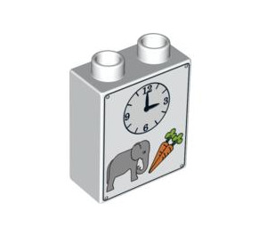Duplo White Brick 1 x 2 x 2 with Clock, Elephant and 2 Carrots without Bottom Tube (4066 / 84701)