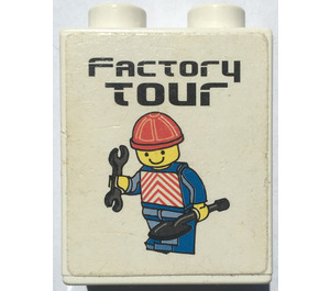 Duplo White Brick 1 x 2 x 2 with 'Factory Tour' and Minifig with Wrench Sticker without Bottom Tube (4066)