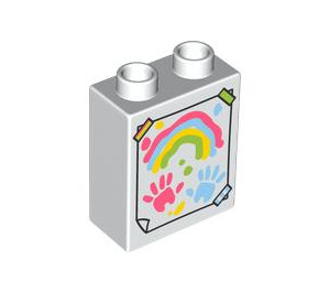 Duplo White Brick 1 x 2 x 2 with Hand and rainbow paint prints with Bottom Tube (15847 / 104357)