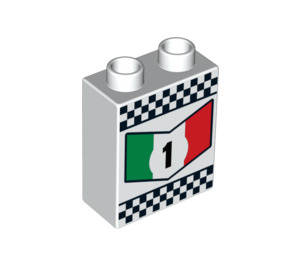 Duplo Vit Kloss 1 x 2 x 2 med italiensk Flagga "1" och Checkered Flagga utan bottenrör (4066 / 95818)