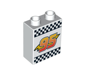 Duplo Weiß Stein 1 x 2 x 2 mit Lightning Bolt "95" und Checkered Flagge ohne Unterrohr (4066 / 95819)