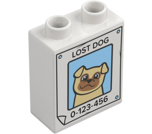 Duplo hvid Klods 1 x 2 x 2 med Lost Hund Poster med bundrør (15847 / 77796)