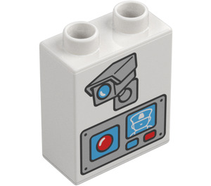 Duplo White Brick 1 x 2 x 2 with security camera and control panel with Bottom Tube (15847 / 43620)