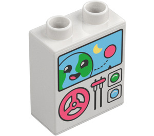 Duplo Weiß Stein 1 x 2 x 2 mit Smiling Earth und Lenkrad mit Unterrohr (15847 / 104034)