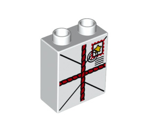 Duplo White Brick 1 x 2 x 2 with Tied Parcel with Stamp and Postmark with Bottom Tube (15847 / 53101)