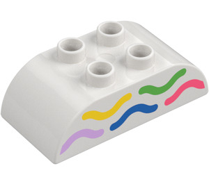 Duplo White Brick 2 x 4 with Curved Sides with Yellow / Green / Blue Curved Lines (98223 / 105459)