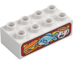 Duplo Valkoinen Palikka 2 x 4 jossa Sandwich, Kala ja Coffee (3011 / 38982)