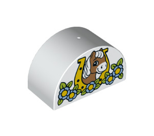 Duplo White Brick 2 x 4 x 2 with Curved Top with horse in horse shoe and flower frame (31213 / 73323)