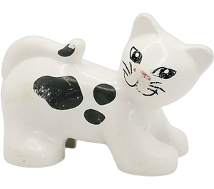 Duplo White Cat (Stretching) with Short Tail and Black Patches