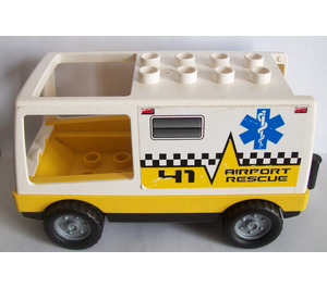 Duplo Wit Van met Geel Basis met Airport Rescue Sticker