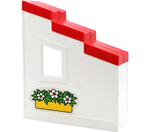 Duplo White Wall 2 x 6 x 6 with Right Window and Red Stepped Roof with flower pot Sticker (6463)