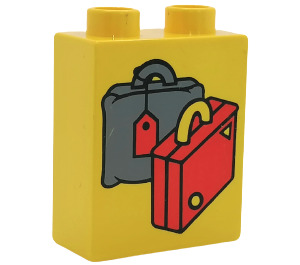Duplo Yellow Brick 1 x 2 x 2 with 1 Gray and 1 Red Suitcase without Bottom Tube (4066)