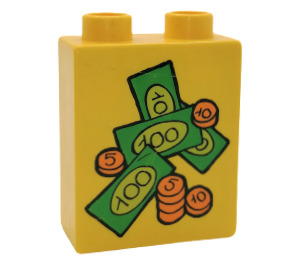 Duplo Yellow Brick 1 x 2 x 2 with Bills and Coins without Bottom Tube (4066)