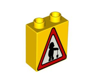 Duplo Yellow Brick 1 x 2 x 2 with Road Sign Triangle with Construction Worker without Bottom Tube (4066 / 40991)