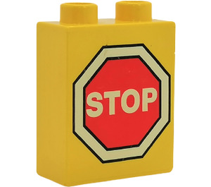 Duplo Yellow Brick 1 x 2 x 2 with Stop Sign without Bottom Tube (4066)