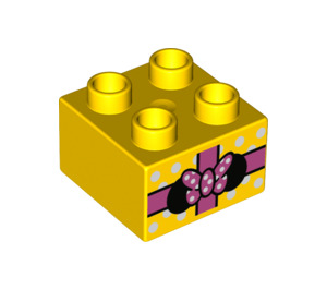 Duplo Yellow Brick 2 x 2 with White Spotty Present with Pink Bow (3437 / 38651)