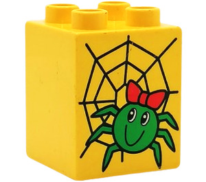 Duplo Yellow Brick 2 x 2 x 2 with web and green spider wearing bow (31110)