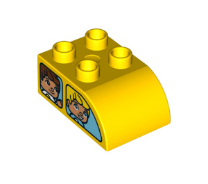 Duplo Yellow Brick 2 x 3 with Curved Top with Girl and Boy looking out of windows (2302 / 29946)