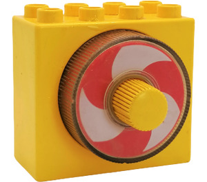 Duplo Geel Steen 2 x 4 x 3 met rotating Wit en Rood Spiraal