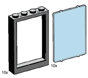 LEGO 1x4x5 Black Window Frames, Transparent Blue Panes Set B001