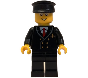 LEGO Airplane Pilot with Black Jacket, Red Tie, Black Legs, Glasses, and Black Hat Minifigure