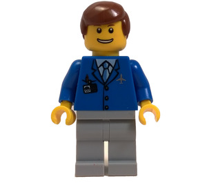 LEGO Airport Worker with Blue Jacket, White Shirt and Tie, Airplane Logo, ID Badge, Medium Stone Gray Pants, Smiling Face, and Reddish Brown Hair Minifigure