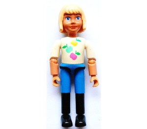 LEGO Belville Girl with Apples on White Shirt, Blue Pants, Black Riding Boots Minifigure