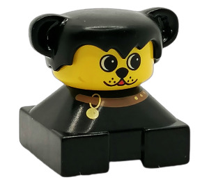 LEGO Black 2x2 Duplo Base Figure - Dog with black hair and ears, Yellow Head and Brown Collar pattern Duplo Figure