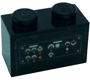 LEGO Schwarz Backstein 1 x 2 mit Control Panel, Switches, Buttons Aufkleber mit Unterrohr (3004)