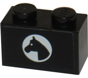 LEGO Black Brick 1 x 2 with Horse Head in White Circle Sticker with Bottom Tube (3004)