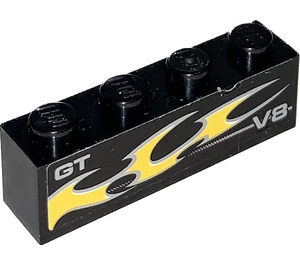 LEGO Black Brick 1 x 4 with 'GT', 'V8' and Flame Sticker (3010)