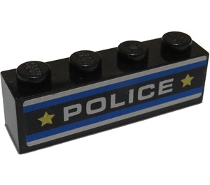 LEGO Zwart Steen 1 x 4 met 'Politie', Blauw en Wit Strepen en 2 Geel Stars Sticker (3010)