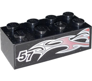 LEGO Black Brick 2 x 4 with '57' and Silver and Pink Flames Right Sticker (3001)