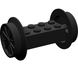 LEGO Black Brick 2 x 4 with Large Spoked Red Train Wheels (29mm) (4180)