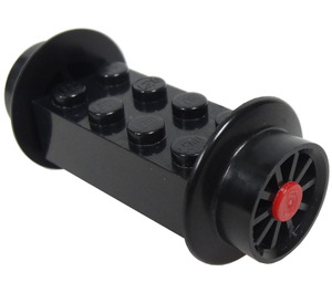LEGO Zwart Steen 2 x 4 met Spoked Zwart Trein Wielen en rode pin (23 mm)
