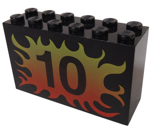 LEGO Zwart Steen 2 x 6 x 3 met Number 10 Surrounded by Flames (6213)