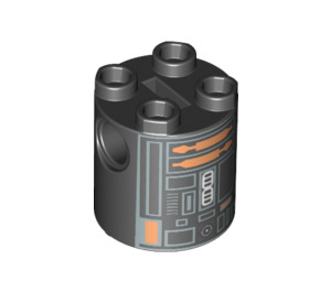 LEGO Black Cylinder 2 x 2 x 2 Robot Body with Gray, Orange, Black, and White Astromech Droid Pattern (Undetermined) (55440)