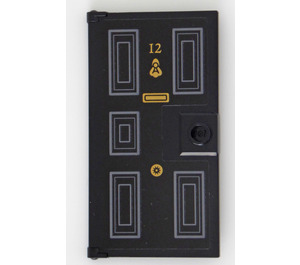 LEGO Black Door 1 x 4 x 6 with Stud Handle with Gray Rectangles, Gold Door Knocker and Number 12 Sticker (35290)